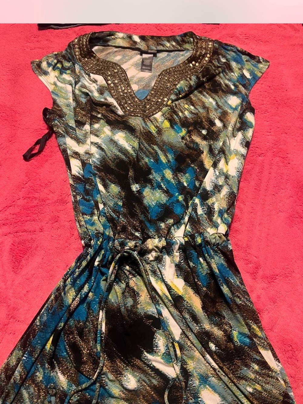 Miss Tina Blue, Black and White Beaded V-Neck Midi Dress